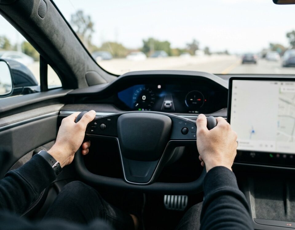 Conducteur tenant le volant yoke de sa Tesla en conduite
