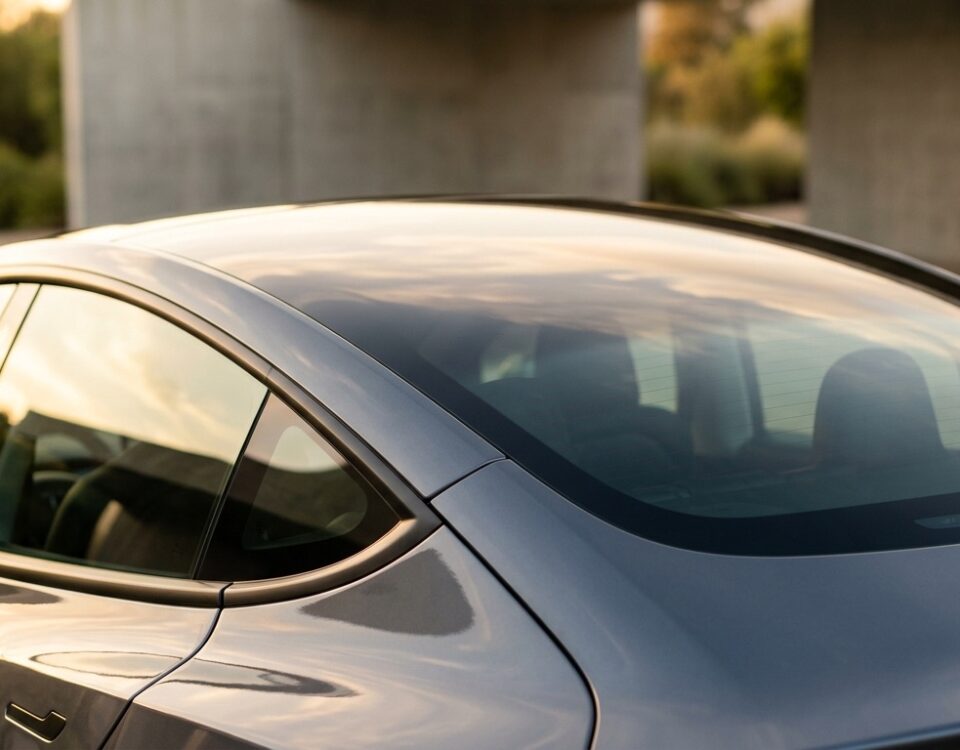Vue rapprochée du toit panoramique en verre d'une Tesla, reflets de fin de journée