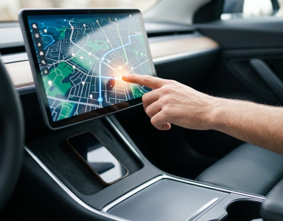 Doigt qui touche l ecran central d une voiture electrique affichant une carte de navigation
