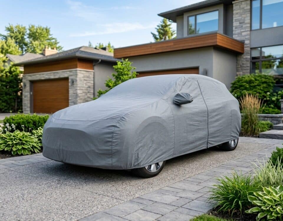 Tesla Model 3 ou Model Y recouverte d une housse de protection grise garée sur une allée résidentielle