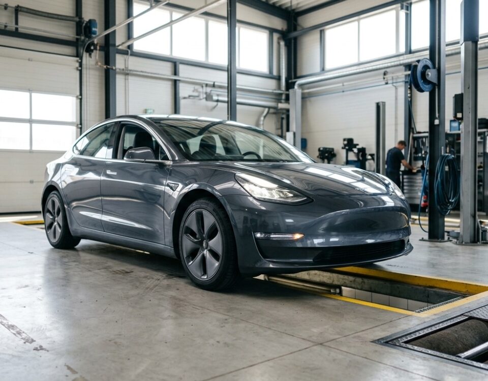 Tesla Model 3 dans un centre de contrôle technique, devant le banc de freinage