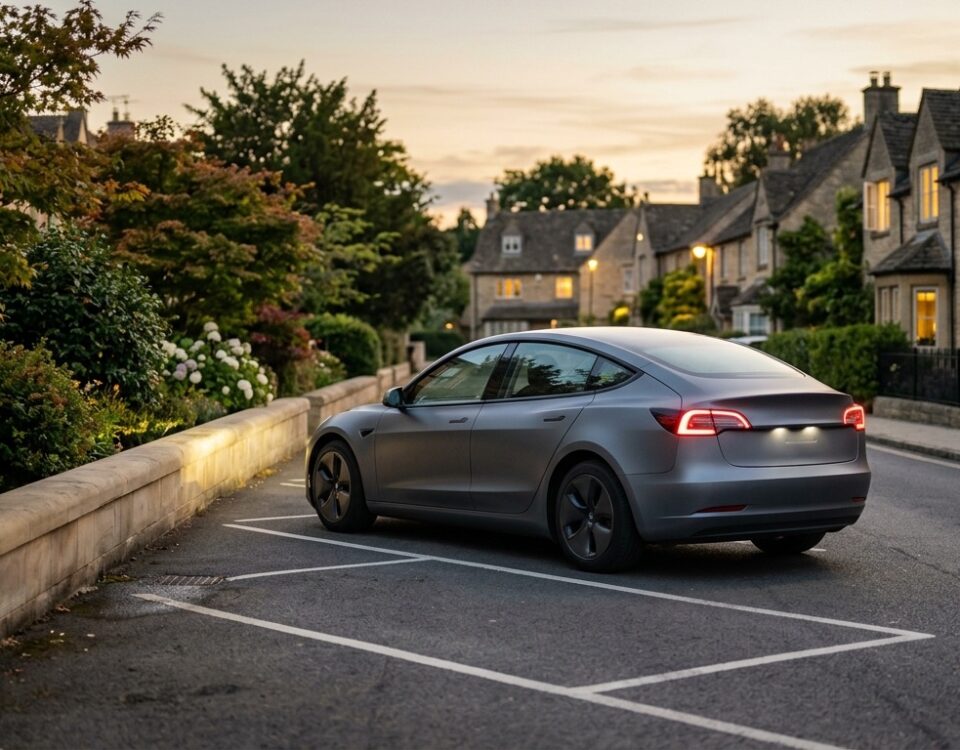 Berline électrique grise en manoeuvre de stationnement près d un muret de pierre au crépuscule