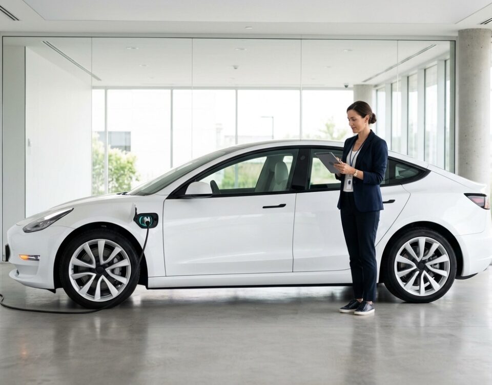 Tesla blanche en recharge dans un espace de livraison lumineux, une conseillère avec une tablette
