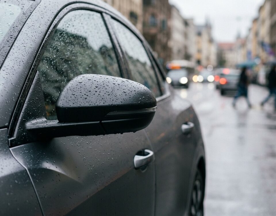 Rétroviseur latéral d’une voiture électrique sous la pluie dans une rue de ville