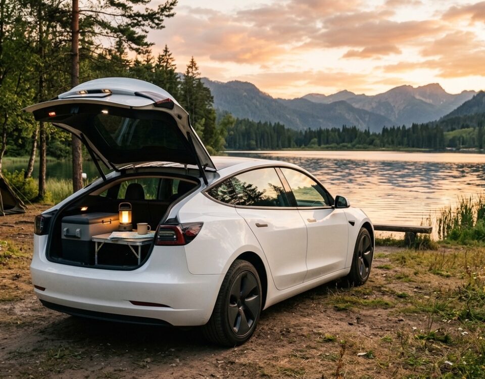 Tesla blanche, hayon ouvert avec glacière et lanterne, au bord d un lac au coucher du soleil