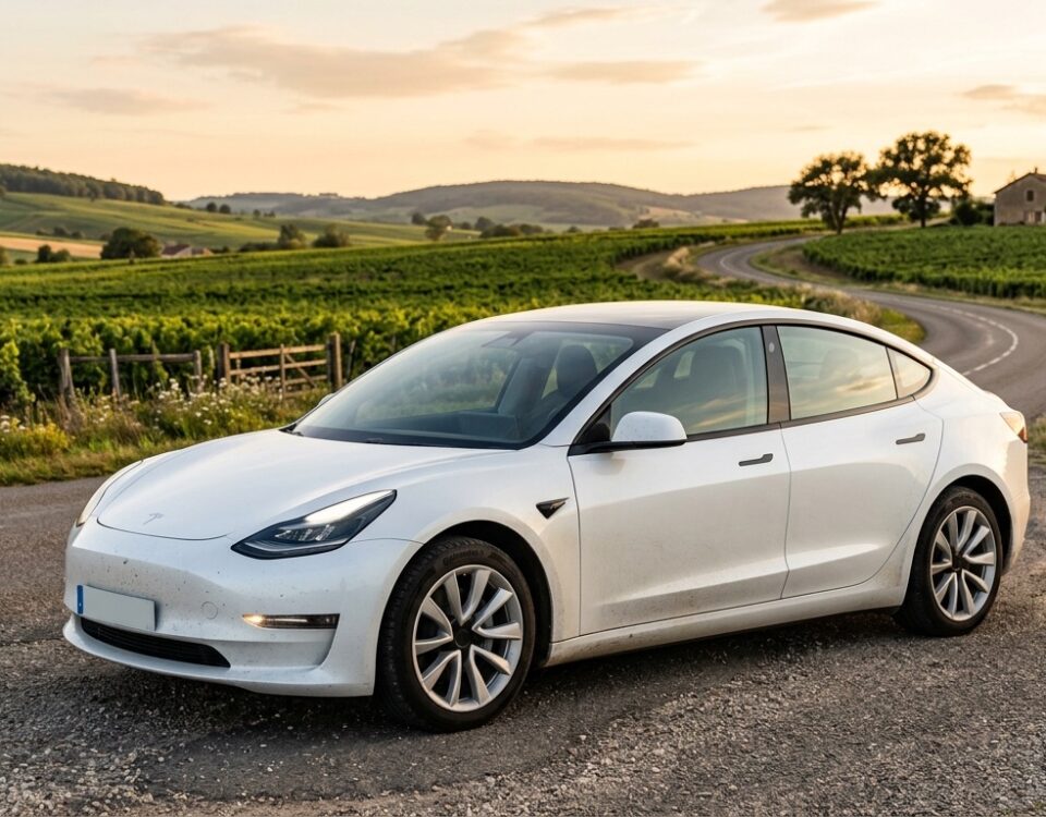 Tesla blanche sur une route de campagne au coucher du soleil, entre des vignes