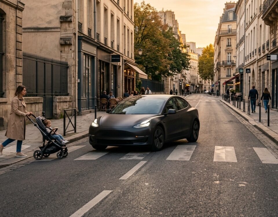 Berline électrique sombre roulant au pas dans une rue de ville au passage piéton, une femme avec une poussette à proximité