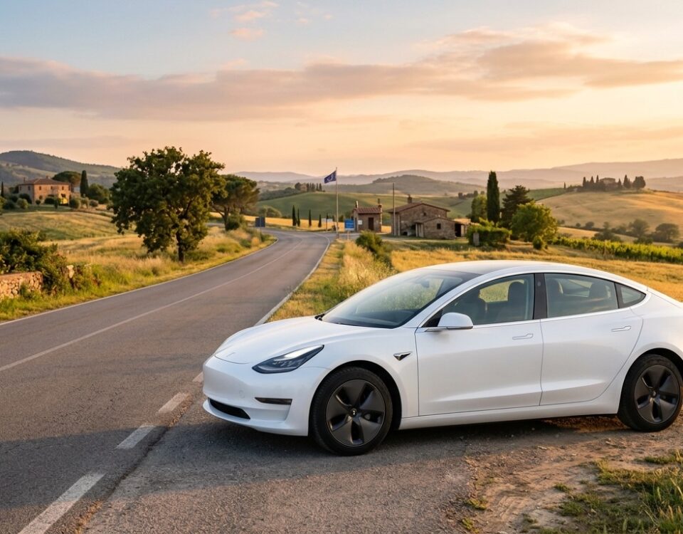 Tesla blanche garée au bord d'une route de campagne européenne au coucher du soleil
