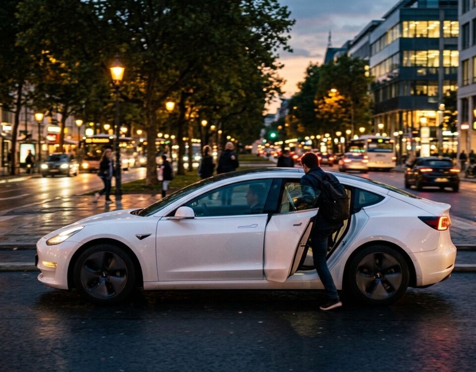 Berline électrique blanche dans une avenue de ville au crépuscule, un passager monte à l arrière