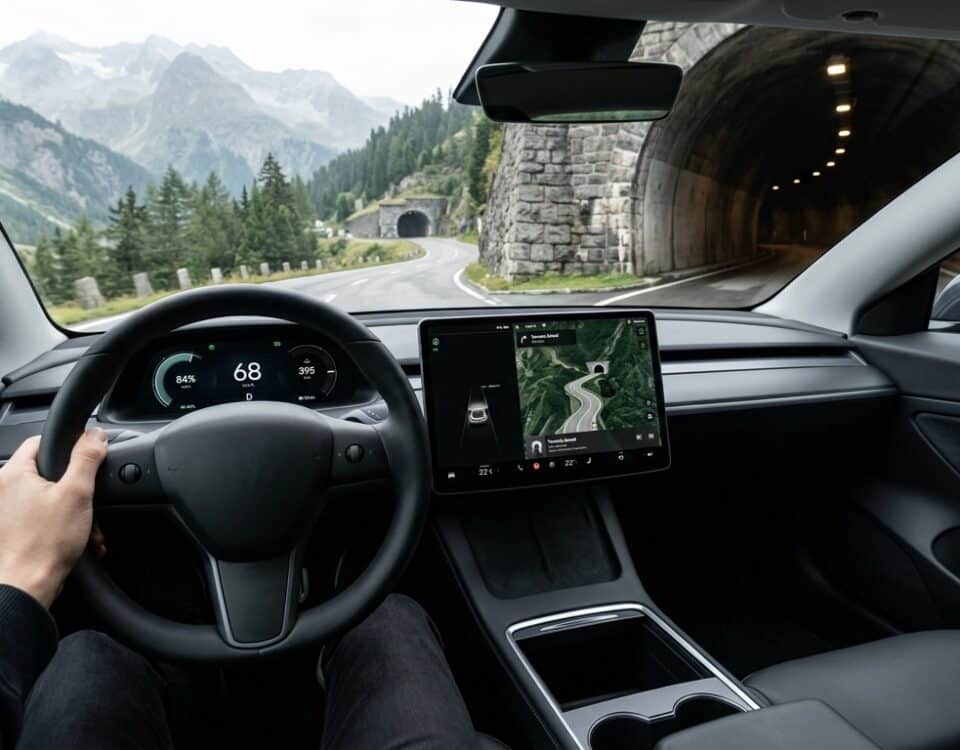 Tableau de bord et écran central Tesla vers un tunnel de montagne illustrant les zones de coupure radio