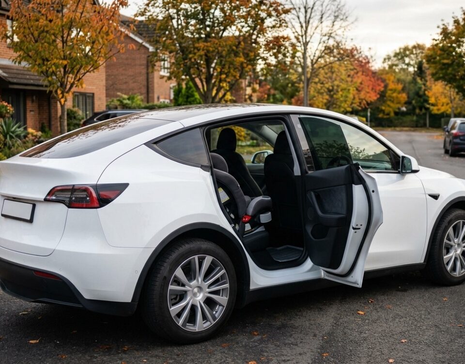 SUV électrique blanc garé en automne, portière arrière ouverte sur deux sièges enfants