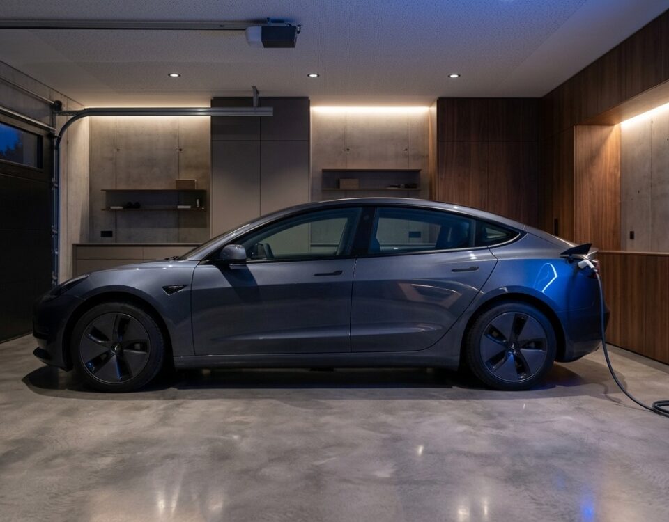 Voiture électrique branchée sur une borne murale dans un garage, recharge nocturne en heures creuses