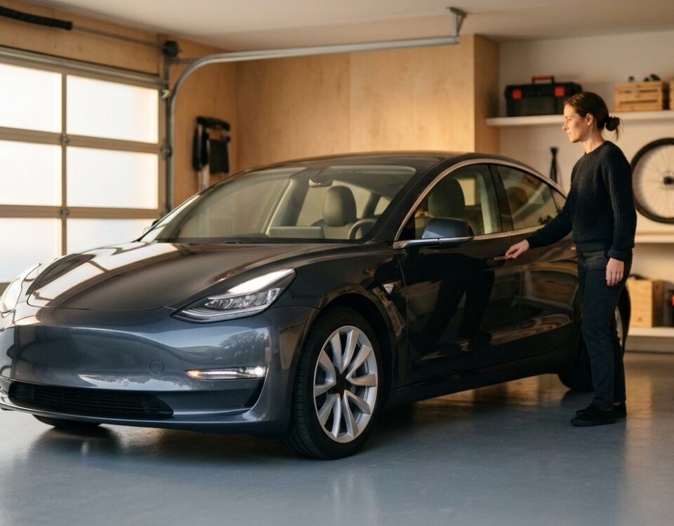 Propriétaire ouvrant la portière de sa Tesla neuve dans un garage lumineux