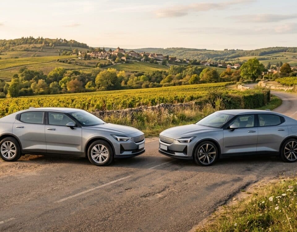 Deux berlines électriques modernes, une Performance et une Long Range, garées côte à côte sur une route de campagne au milieu des vignes