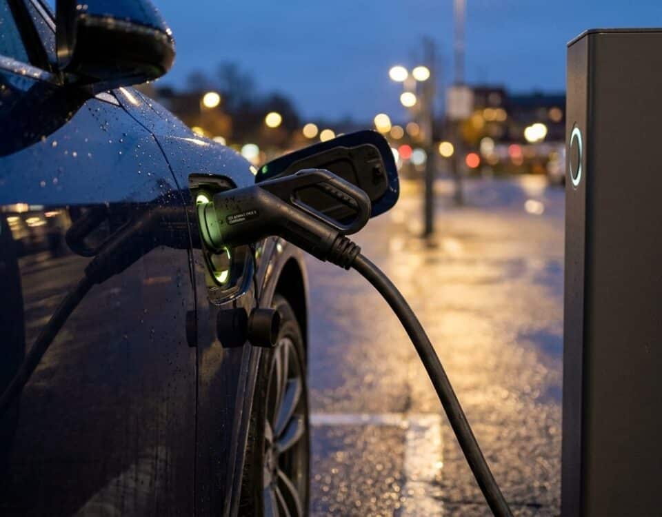 Connecteur de recharge branché sur une voiture électrique, borne publique au crépuscule