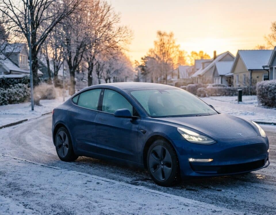 Tesla bleue couverte de givre dans une rue résidentielle au lever du soleil