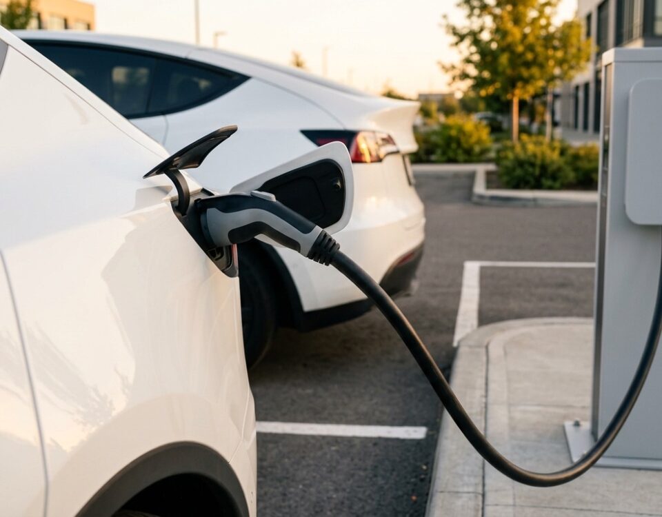 Tesla branchée sur une borne de recharge publique avec câble et connecteur en gros plan